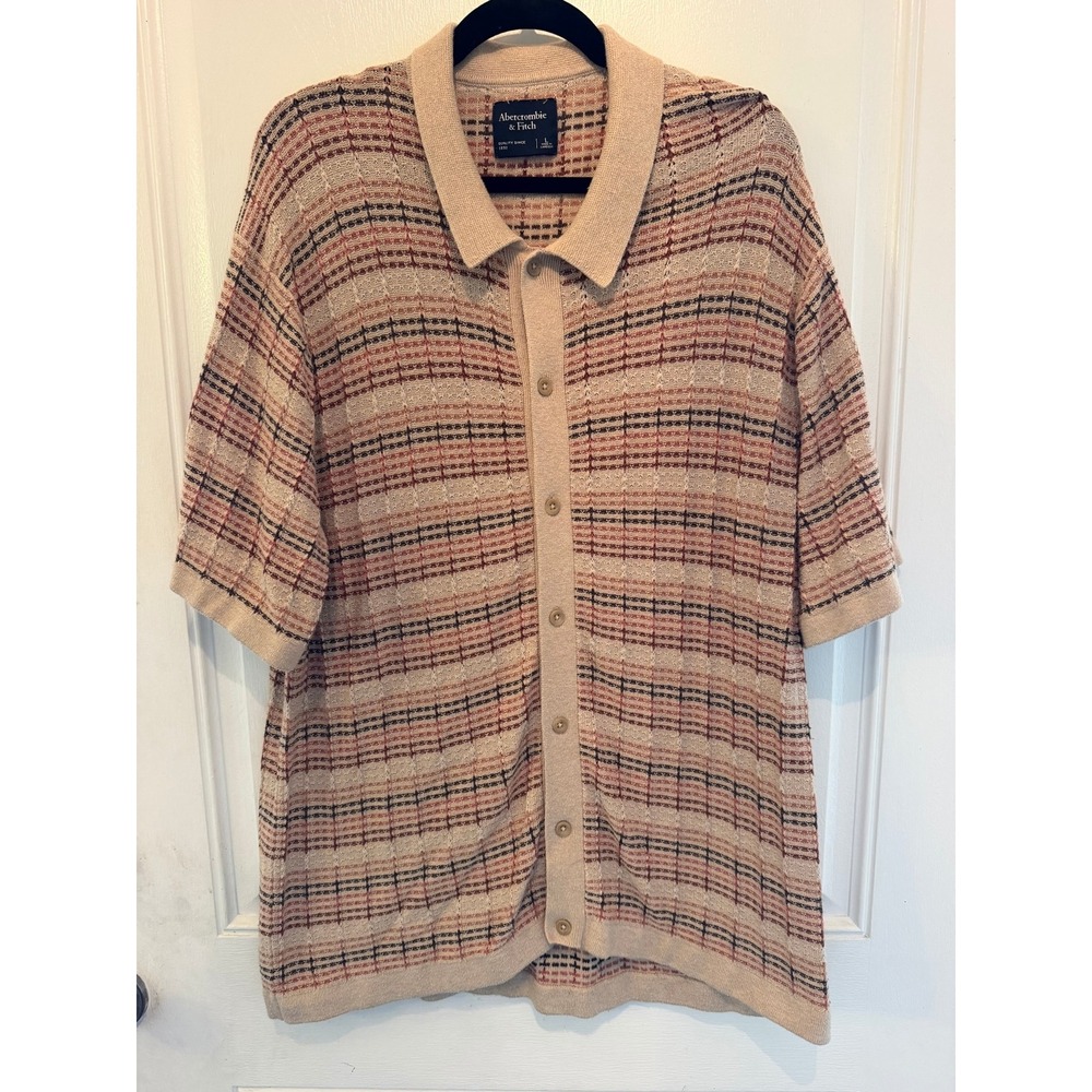 VTG Abercrombie & Fitch Mens Large Striped Pointelle Knit Button Up Sweater Polo
